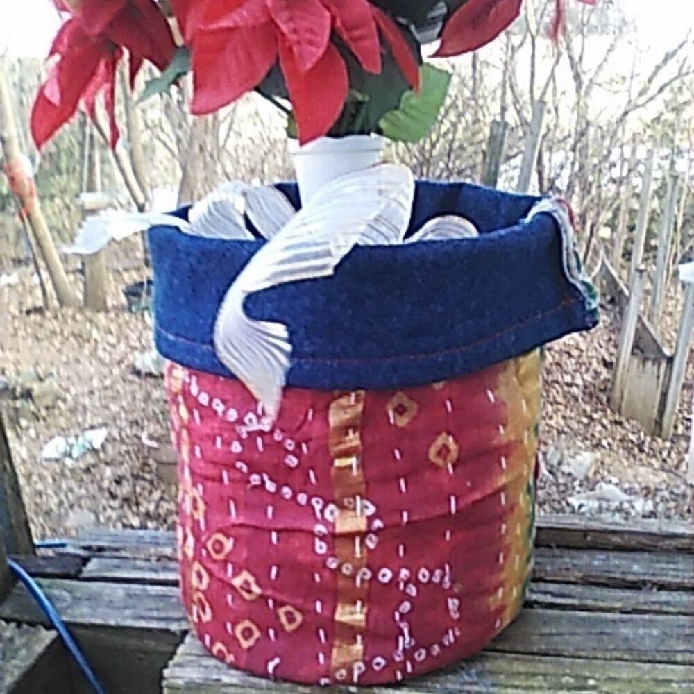 Kantha & Denim Basket/Flower Pot Red Gold With Woven Ribbon Reversible BP4.